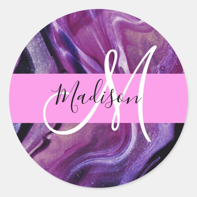 Glam Abstract Purple Shimmer Texture Pink Monogram Classic Round Sticker (Front)