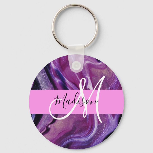 Glam Abstract Purple Shimmer Texture Pink Monogram Key Ring (Front)