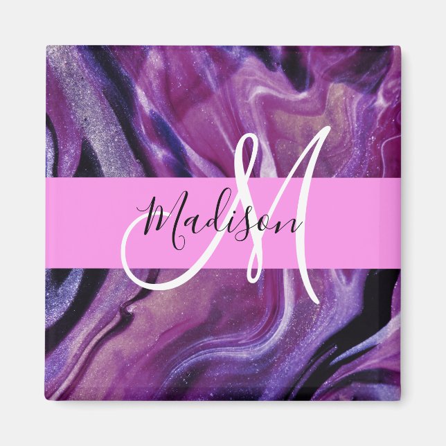 Glam Abstract Purple Shimmer Texture Pink Monogram Magnet (Front)