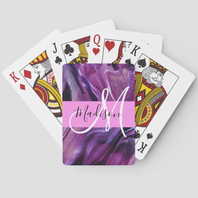 Glam Abstract Purple Shimmer Texture Pink Monogram Playing Cards (Back)