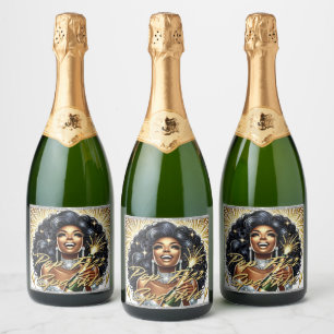 Glam African American Woman Birthday/NYE Sparkling Wine Label