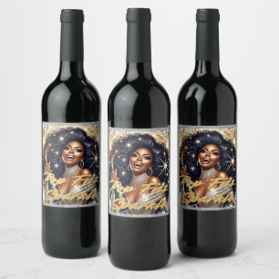 Glam African American Woman Birthday/NYE Wine Label