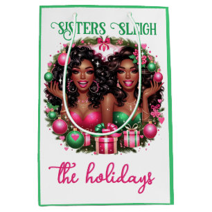 Glam African American Women Christmas Pink/Green Medium Gift Bag