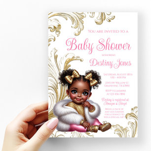 Glam Afro Baby Girl Pink Gold Baby Shower Invitation