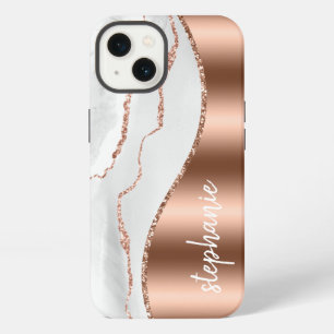 Glam Agate Geode Metallic Rose Gold White Name iPhone 13 Case