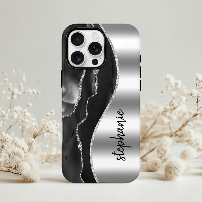 Glam Agate Geode Metallic Silver Black Name Case-Mate iPhone Case (Creator Uploaded)