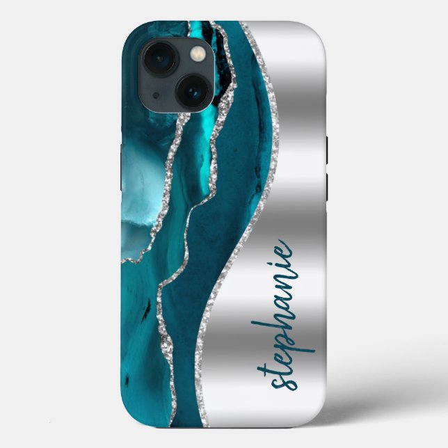 Glam Agate Geode Metallic Silver Teal Name Case-Mate iPhone Case (Back)