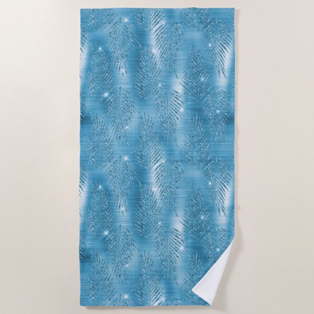 Glam Aqua Blue Tropical Glitter Leaves  Beach Towel (Front)