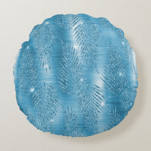 Glam Aqua Blue Tropical Glitter Leaves Round Cushion