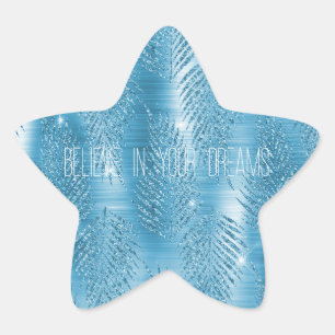 Glam Aqua Blue Tropical Glitter Leaves Star Sticker