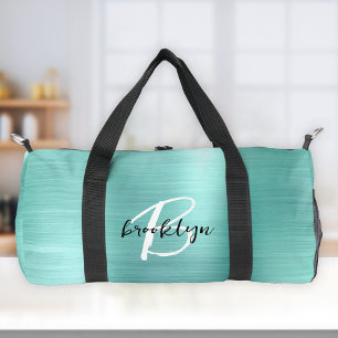 Glam Aqua Brushed Metal Black White Monogram Duffle Bag