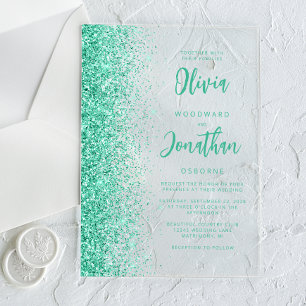 Glam Aqua Green Glitter Modern Script Wedding Acrylic Invitations
