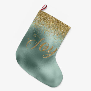 Glam Aqua Green Gold Glitter Joy Large Christmas Stocking