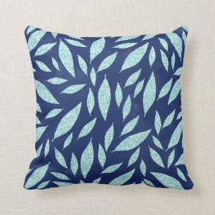 Glam aqua navy blue faux glitter leaves cushion
