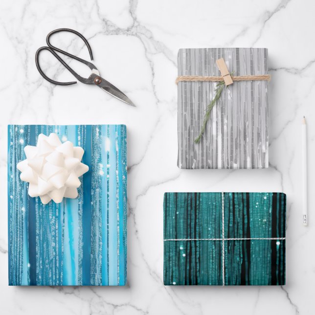 Glam Aqua Sparkle Stripes  Wrapping Paper Sheet (Front)