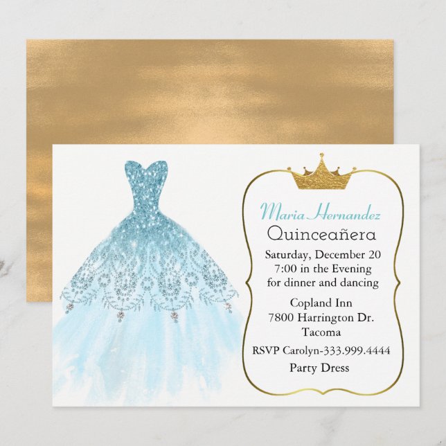 Glam Aquamarine Gown Quinceañera Invitation (Front/Back)
