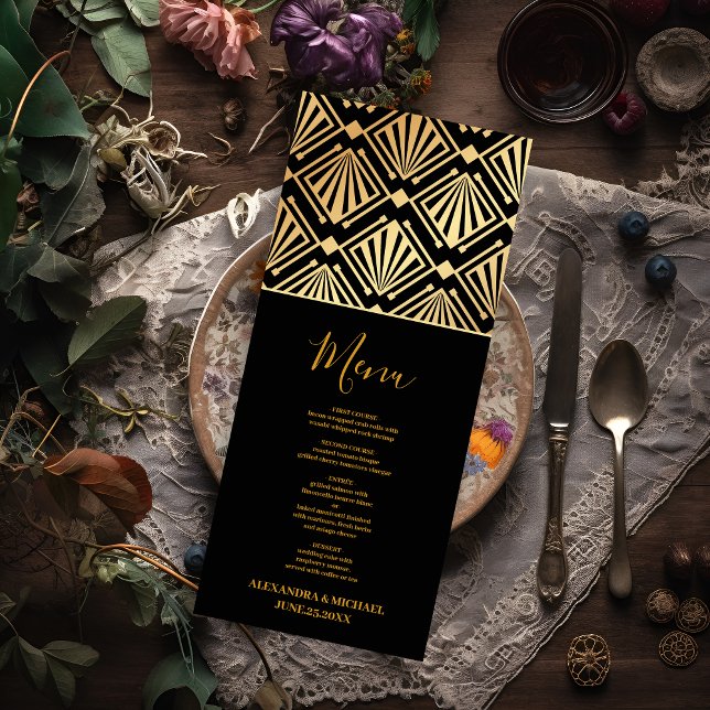 Glam Art Deco Black Gatsby 1920s Style Wedding Menu (Creator Uploaded)