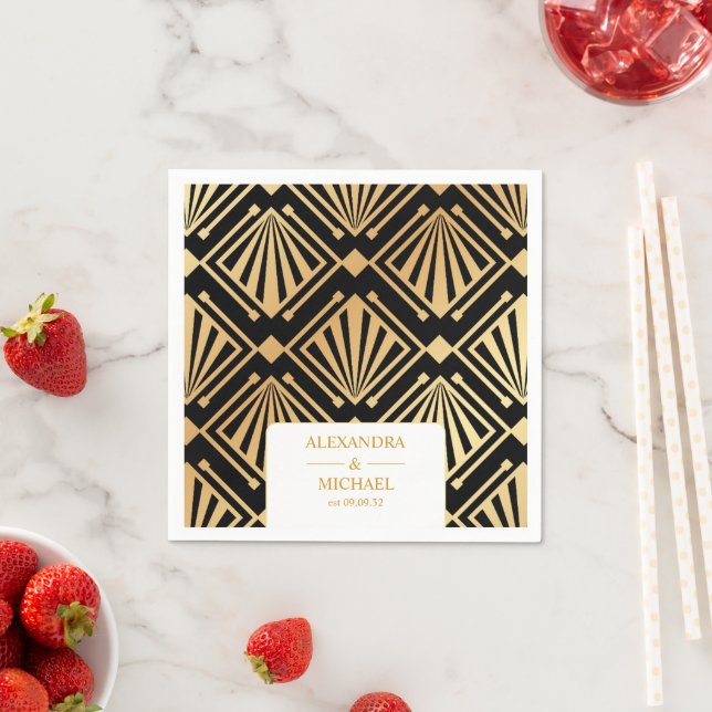 Glam Art Deco Black Gatsby 1920s Style Wedding Napkin (Insitu)
