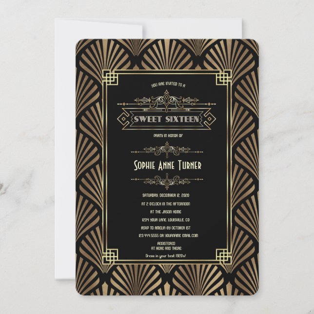 Glam Art Deco Black Gatsby 1920s Sweet Sixteen Invitation (Front)