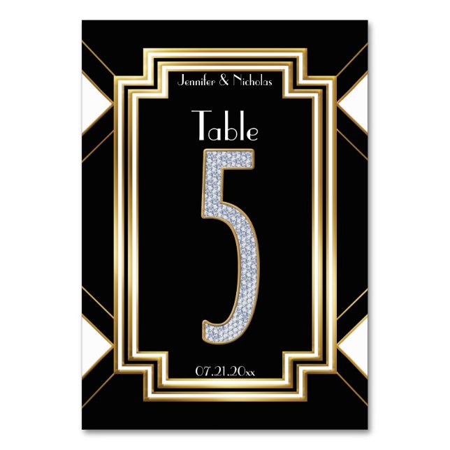 Glam Art Deco Diamond Wedding Table Number Five (Front)
