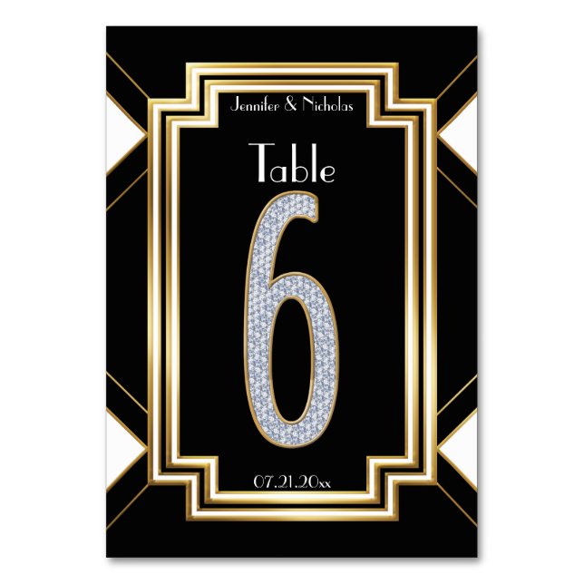 Glam Art Deco Diamond Wedding Table Number Six (Front)