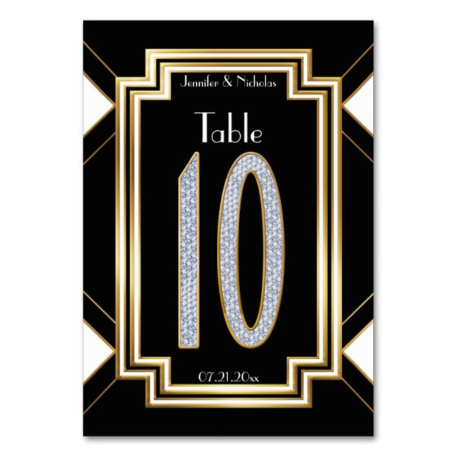 Glam Art Deco Diamond Wedding Table Number Ten (Front)