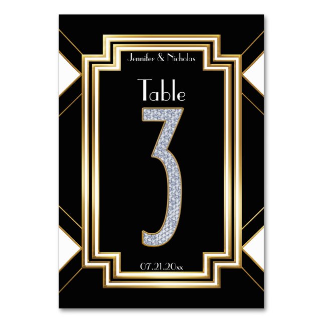 Glam Art Deco Diamonds Wedding Table Number Three (Front)