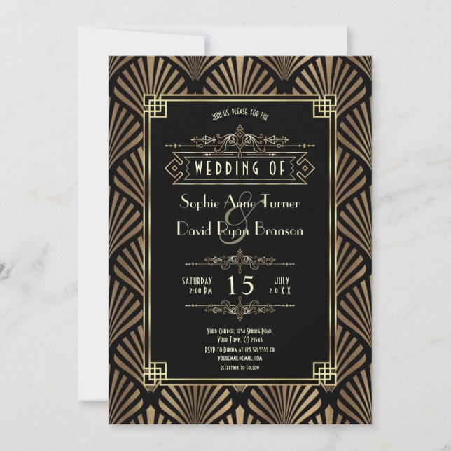 Glam Art Deco Gold Black Gatsby 20s Wedding Invitation (Front)