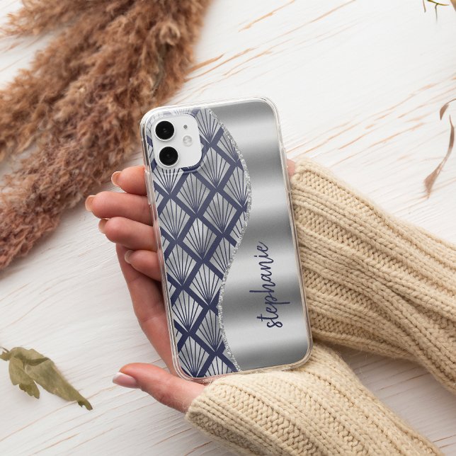 Glam Art Deco Pattern Silver Navy Blue Name Case-Mate iPhone Case (Creator Uploaded)