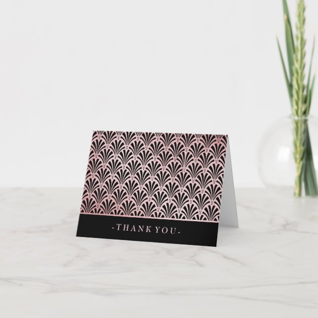 Glam Art Deco Rose Gold and Black Fans Thank You Card (Front)