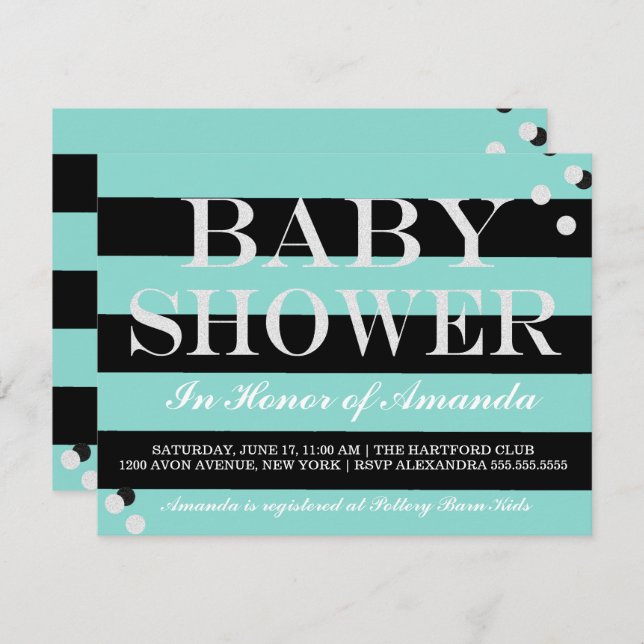 Glam BABY Teal Blue & Silver Sprinkle Shower Party Invitation (Front/Back)