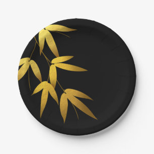 Glam Bamboo Leaves Gold Foil   black Paper Plate