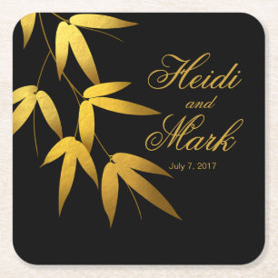 Glam Bamboo Leaves Gold Foil black Square Paper Coaster