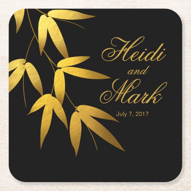 Glam Bamboo Leaves Gold Foil | black Square Paper Coaster (Front)