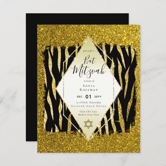 Glam BAT MITZVAH Girly GOLD Glitter Animal Print (Front/Back)