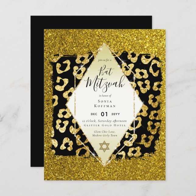 Glam BAT MITZVAH Girly GOLD Glitter Animal Print (Front/Back)