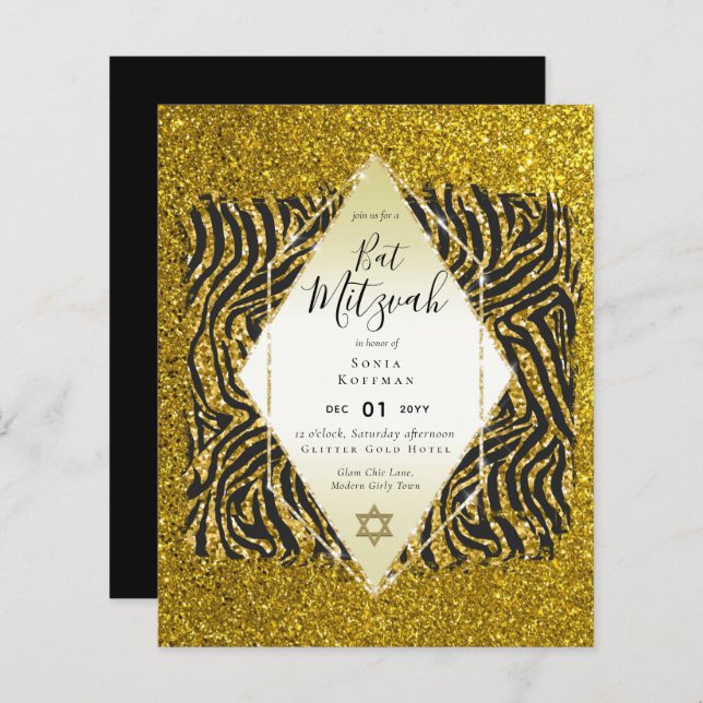 Glam BAT MITZVAH Girly GOLD Glitter Animal Print (Front/Back)