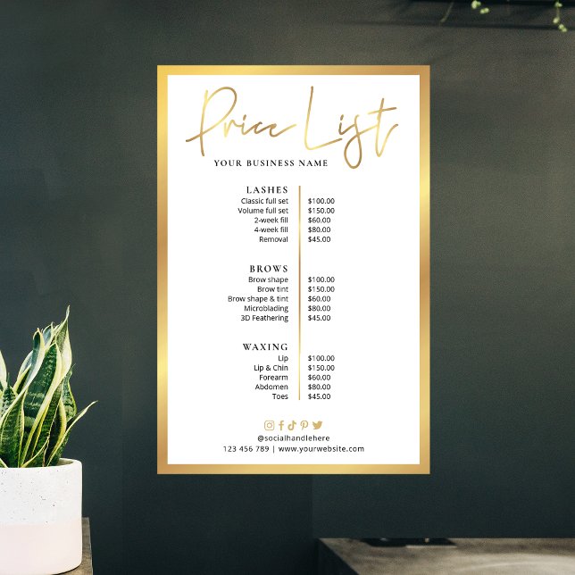 Glam Beauty Lashes Faux Gold Price List Poster (Elegant faux gold and white price list of services poster)