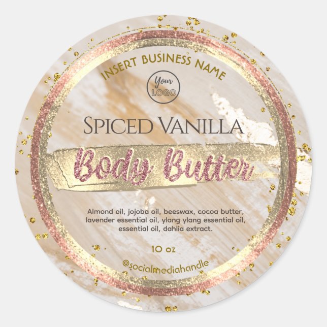 Glam Beige Marble Gold Foil Effect Body Butter Classic Round Sticker (Front)