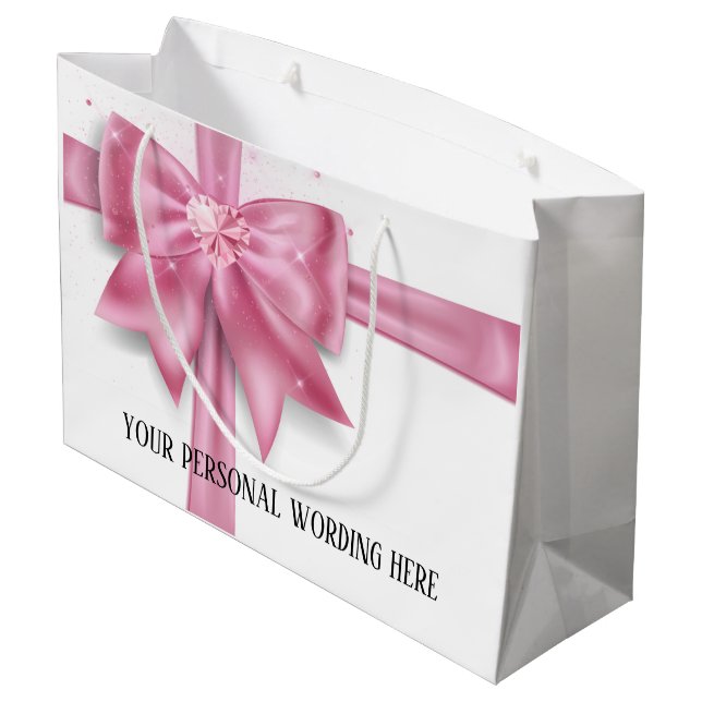 Glam big pink satin gift bow diamond heart glitter large gift bag (Back Angled)