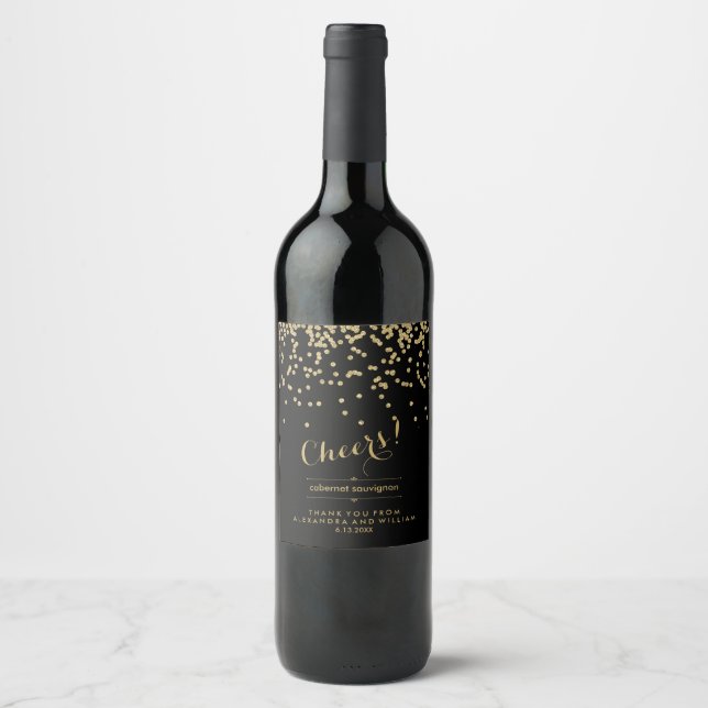 Glam Black and Faux Gold Confetti Wedding | Cheers Wine Label (Front)