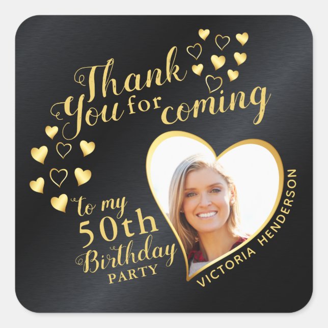 Glam Black and Gold 50th Birthday Thank You Favour Square Sticker (Front)
