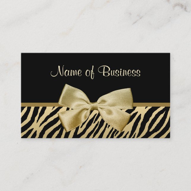 Glam Black And Gold Zebra Print Gold Ribbon Business Card (Front)