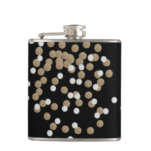 glam black and white dots champagne gold confetti hip flask