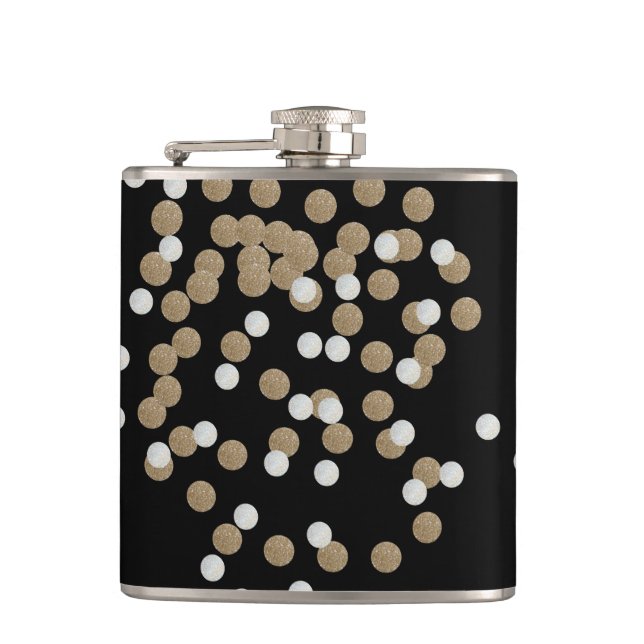 glam black and white dots champagne gold confetti hip flask (Front)
