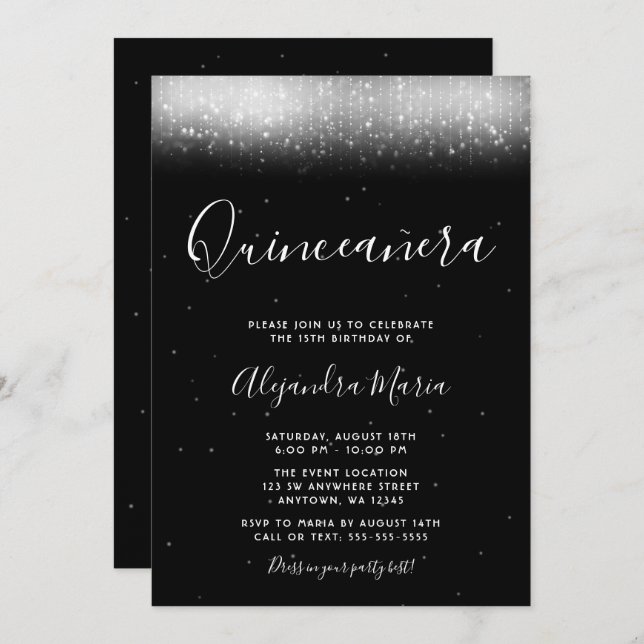Glam Black and White Quinceañera Invitation (Front/Back)