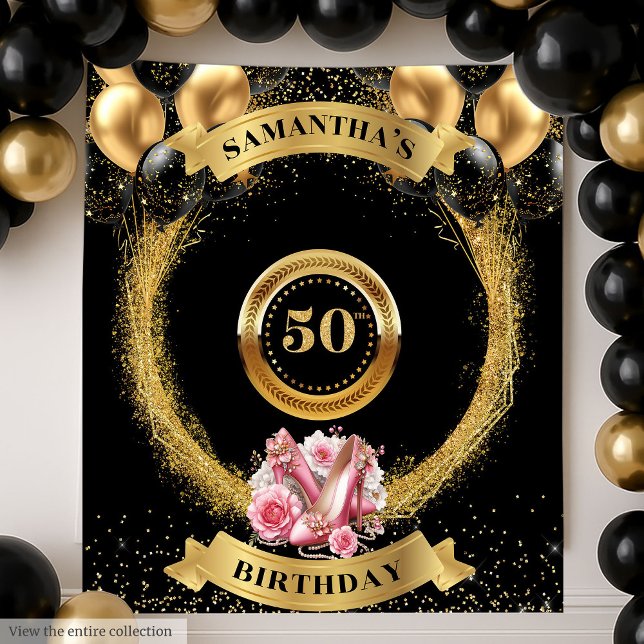 Glam Black Balloons Banner with Pink High Heels Tapestry (Glam Black Balloons Banner with Pink High Heels Tapestry)