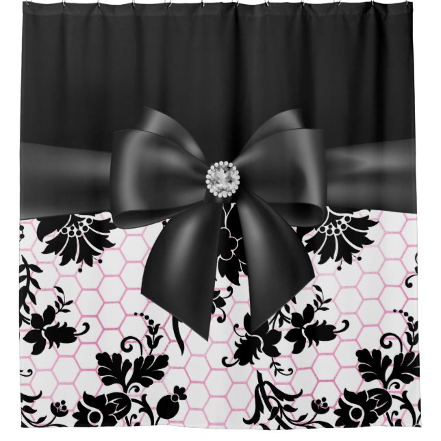 Glam Black Bow-Black Stencil-White Pink  Shower Curtain (Front)