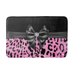 Glam Black Bow Diamond Pink Glitter Leopard Bath Mat