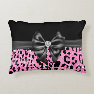 Glam Black Bow Diamond Pink Glitter Leopard  Decorative Cushion